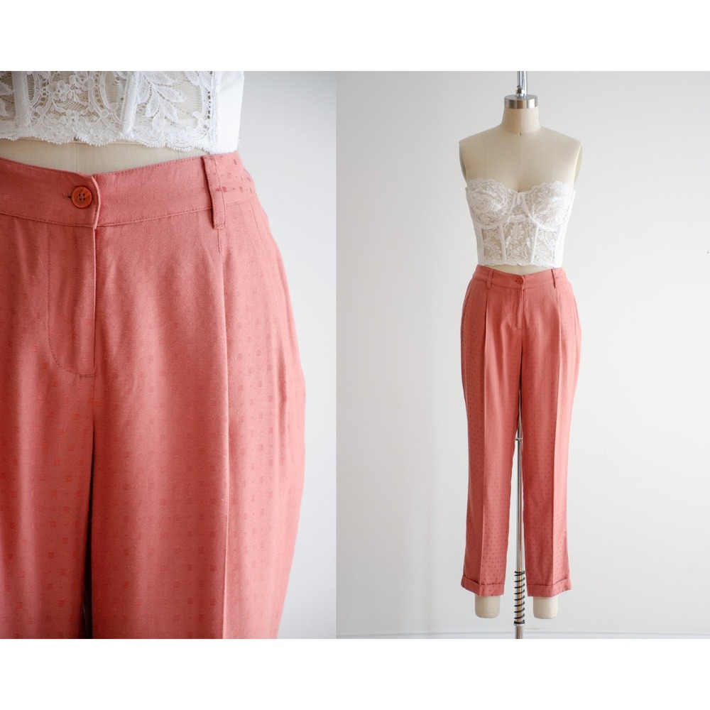 Vintage Jacquard Pants Y2K Low Rise Trousers Ankle M Coral Orange Pleated Cuffed
